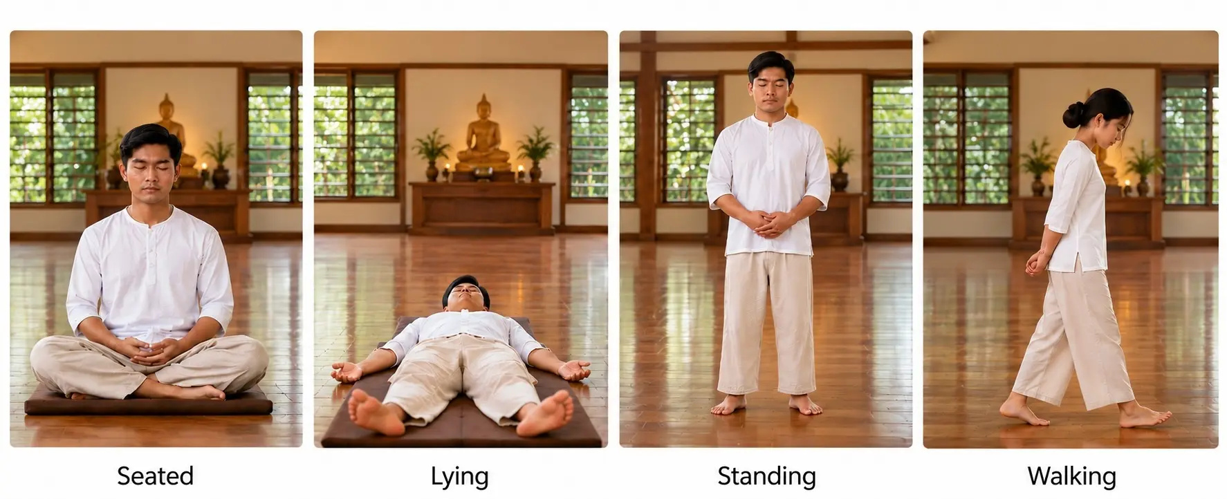 Four meditation positions showing seated, lying, standing, and walking meditation